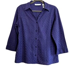 First Issue Liz Claiborne Womens Large Blue Embroidered Cotton Button Down Shirt